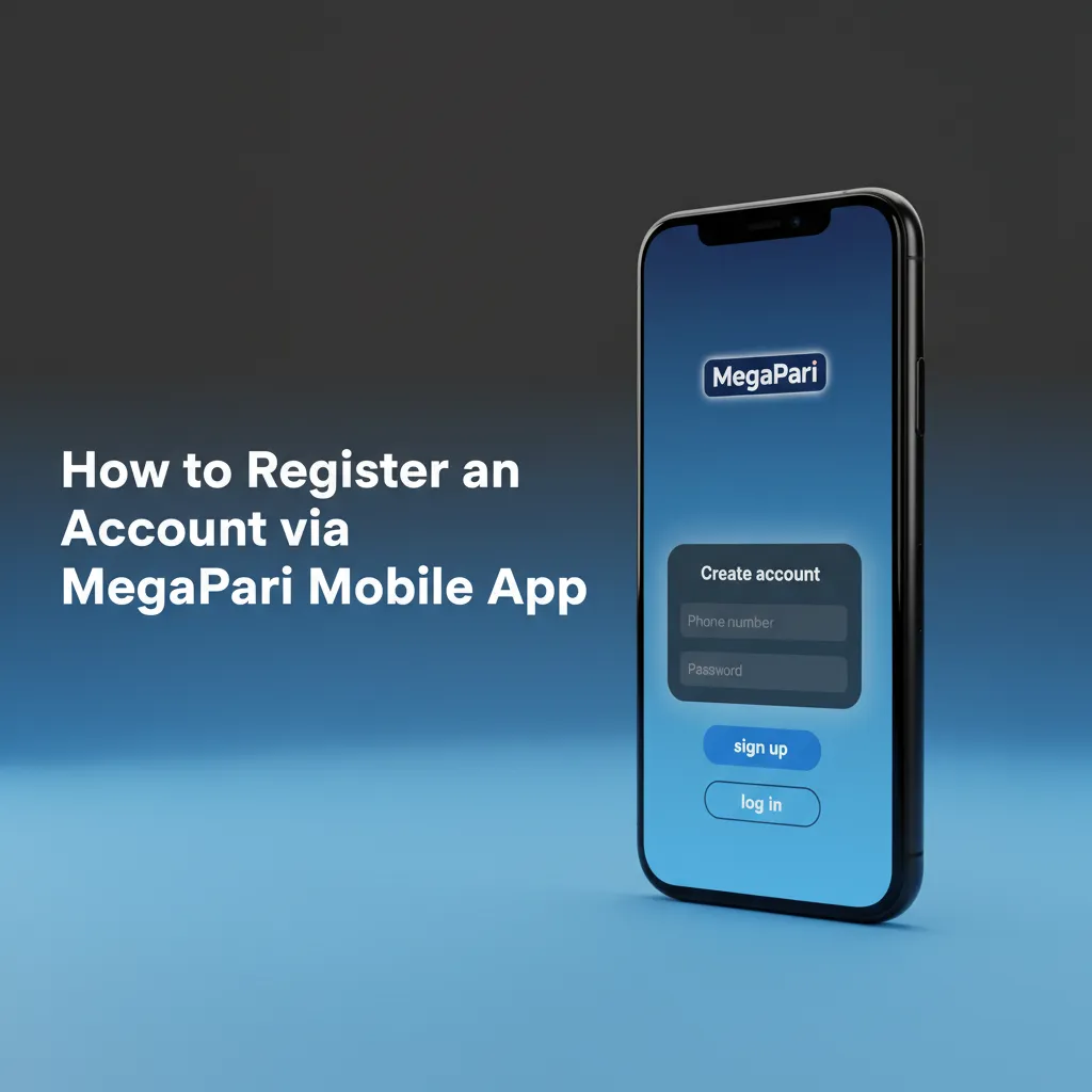 Smartphone showing MegaPari app sign-up steps: choose phone/email/social, set BDT, enter details, verify via SMS or email.