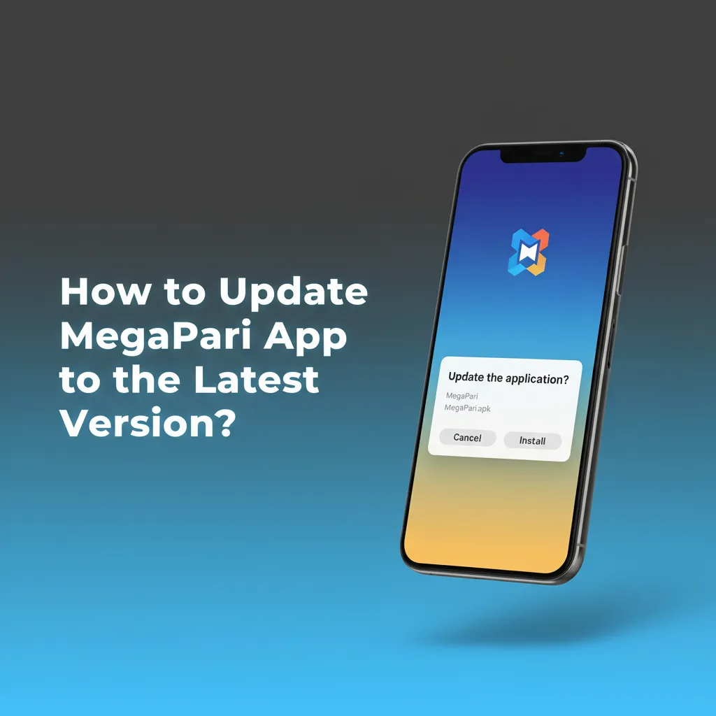 Phone shows MegaPari Update banner; Android: Tap Update. iOS: pull to refresh. Quick install keeps balance, settings.