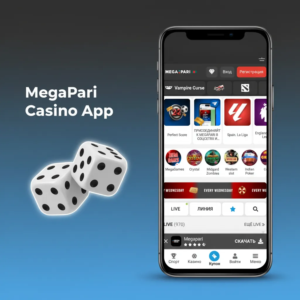 MegaPari Casino app screen with slots like Sweet Bonanza, Book of Dead, and live blackjack, roulette, baccarat tables