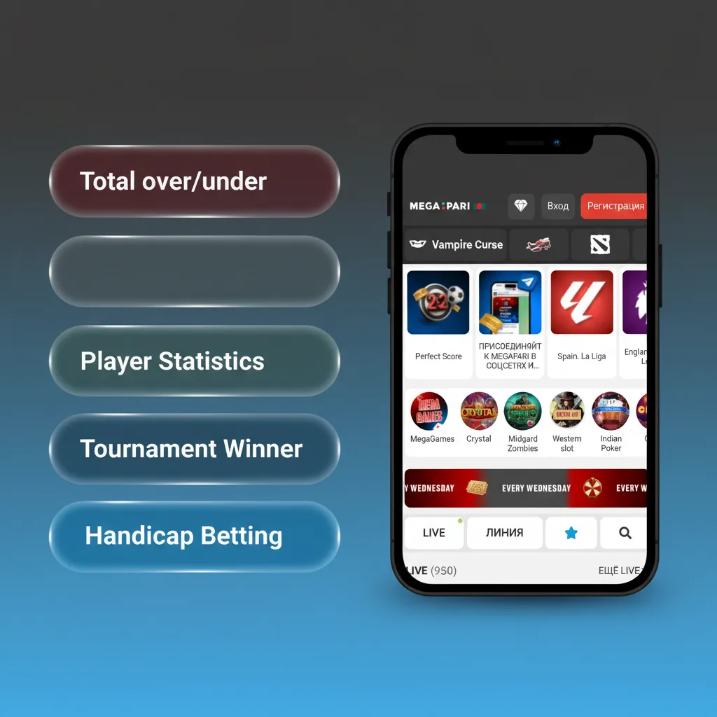 MegaPari app screen showing bet types: Single, Accumulator, System, Handicap, Over/Under, Live betting.