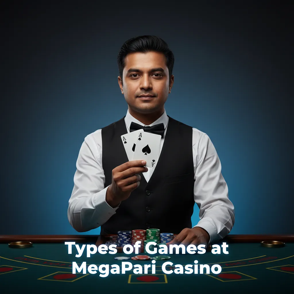 Types of games at MegaPari: slots, crash, table, jackpots, instant wins, video poker; sample titles like Gates of Olympus.