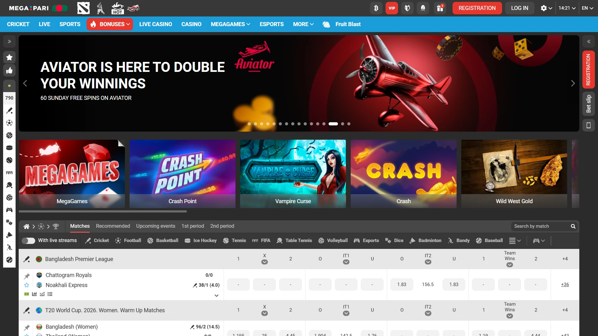 Full desktop homepage of Megapari Bangladesh with site navigation and top live betting events.