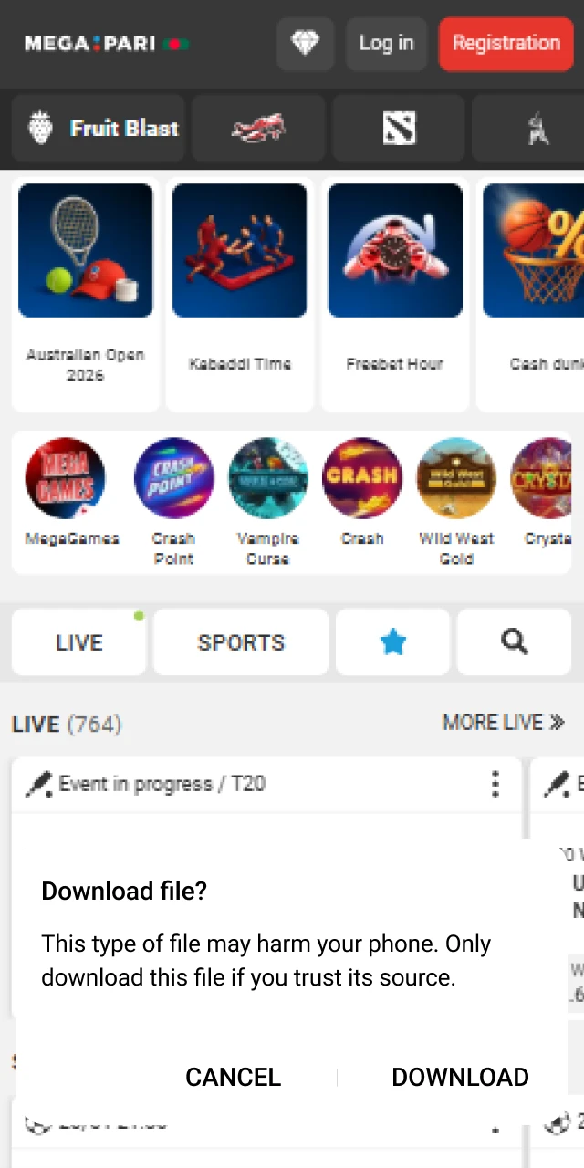Android system pop-up notification asking to confirm the Megapari APK file download.