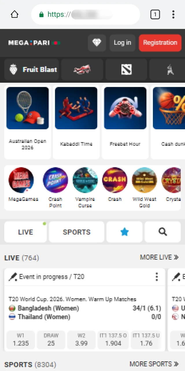 Clicking the download button to get the Megapari APK file on an Android device in Bangladesh.