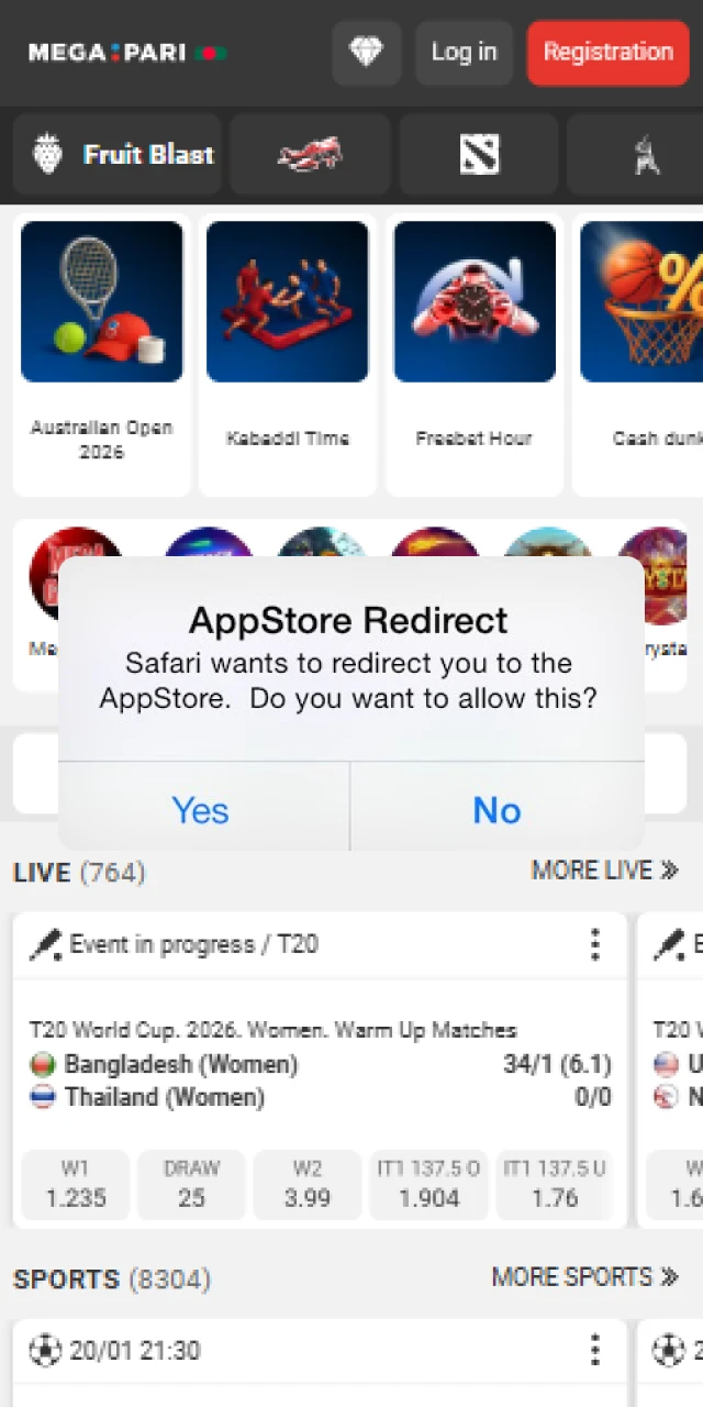 Browser pop-up redirecting the user to the App Store to download the Megapari mobile application.