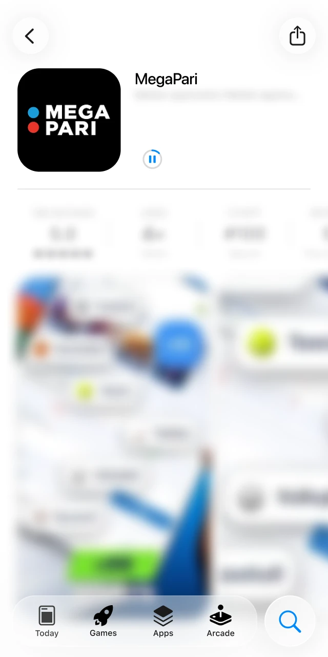 Progress bar showing the Megapari app downloading and installing on an iPhone home screen.