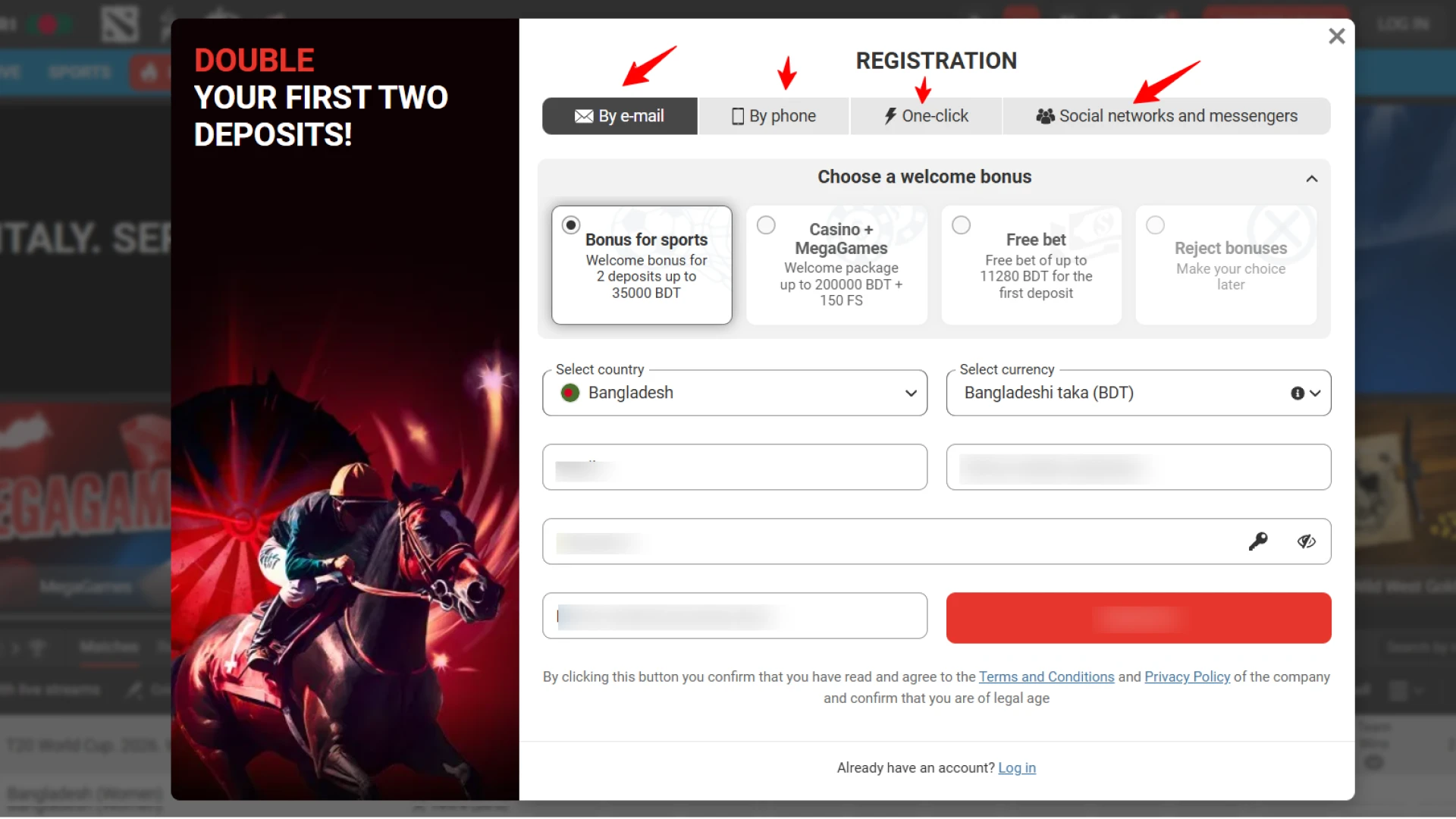 Selecting a registration method on Megapari Bangladesh: one-click, phone, or email registration options.