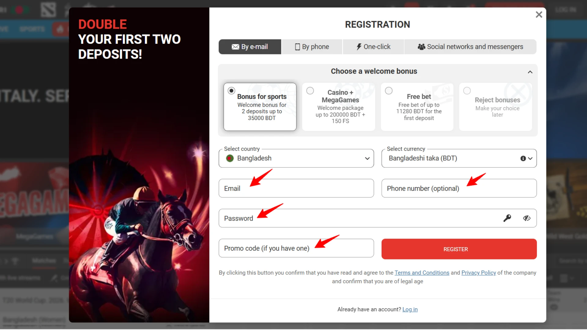 Filling in personal information and selecting Bangladeshi Taka (BDT) in the Megapari registration form.