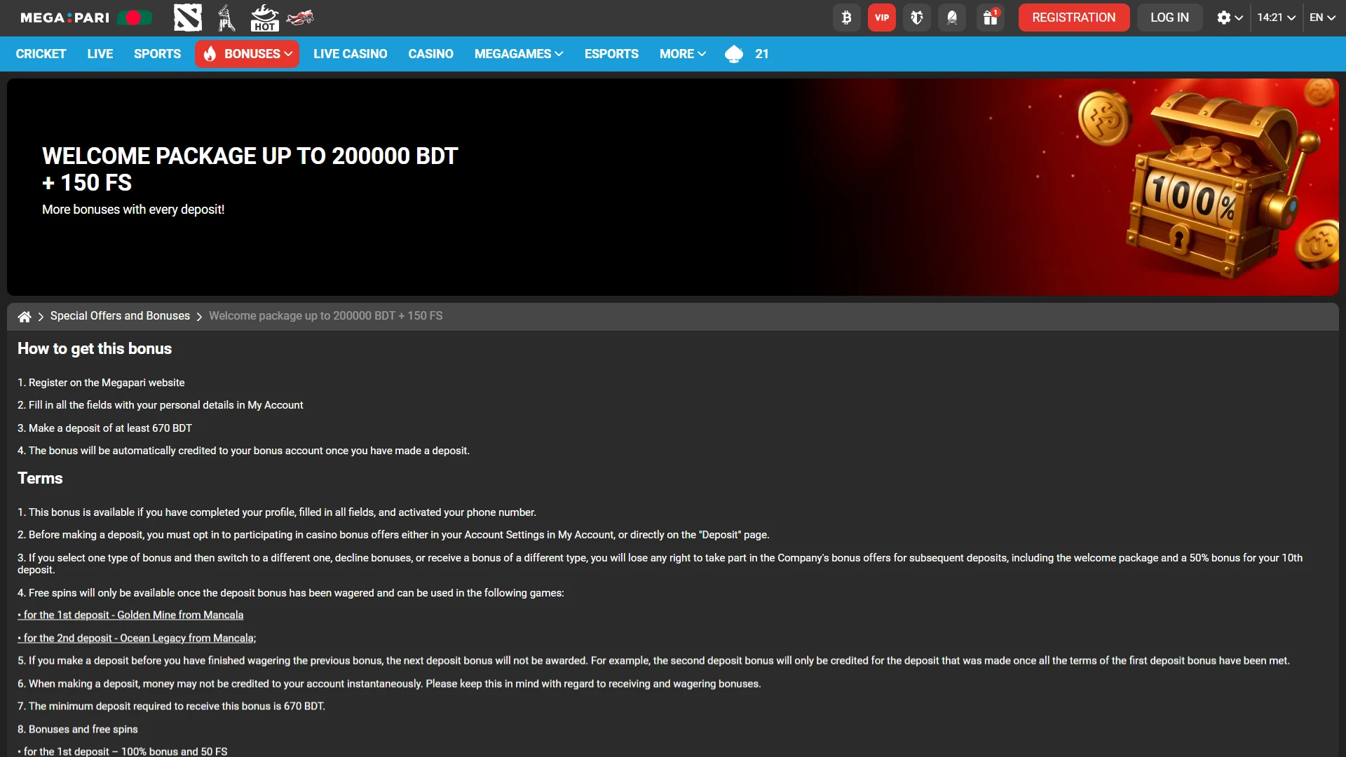 Activating the Megapari casino welcome bonus package for new players in Bangladesh.