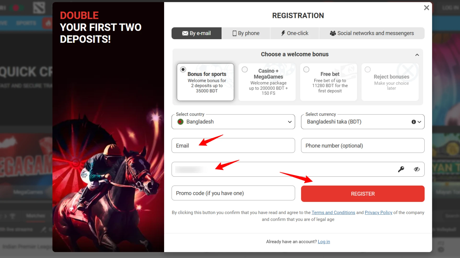 Megapari Bangladesh registration form for new casino players to create a personal account.
