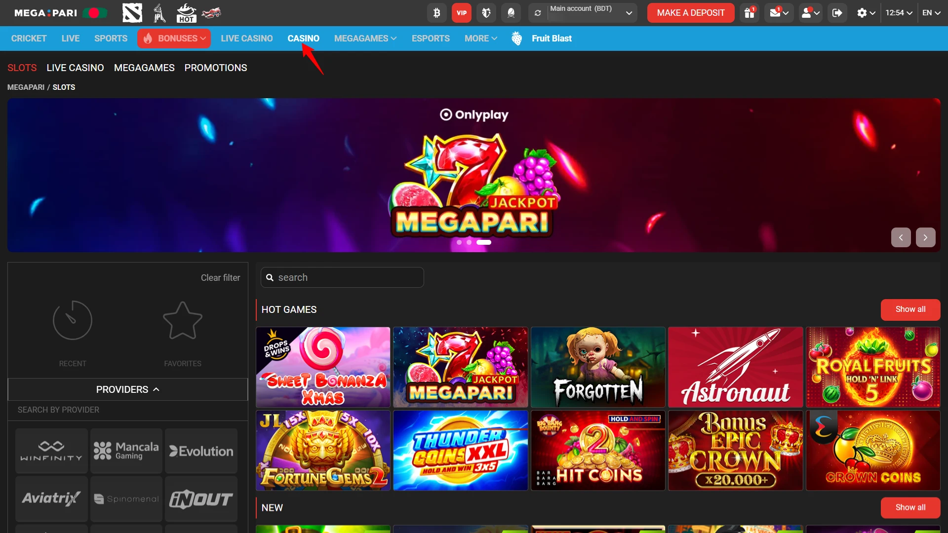 Browsing the Megapari casino lobby to choose from slots, roulette, or live dealer games.