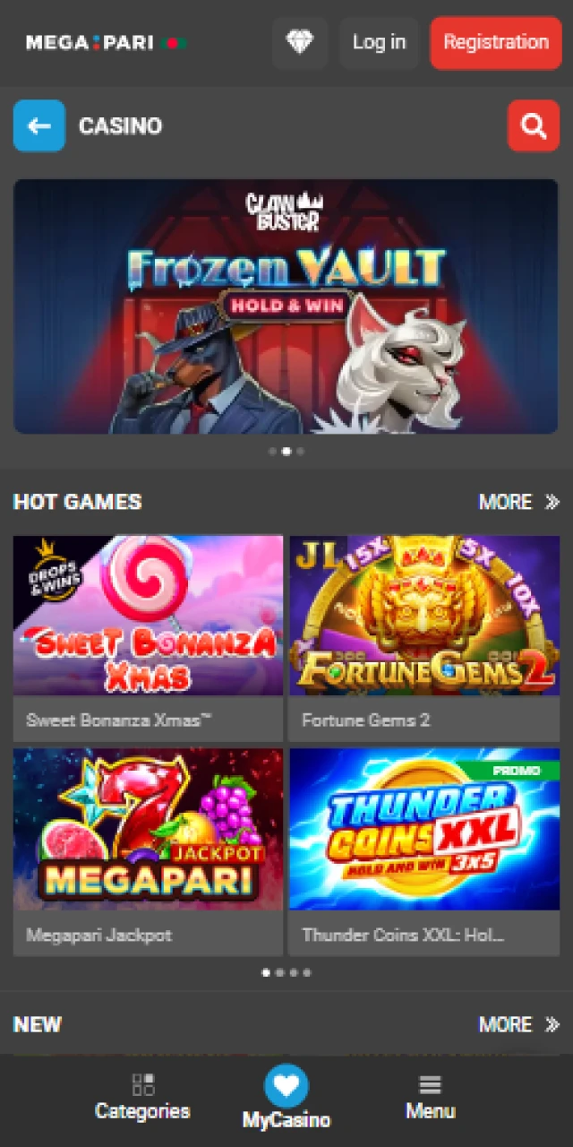 Megapari mobile app casino lobby featuring slots and live dealer games in Bangladesh.