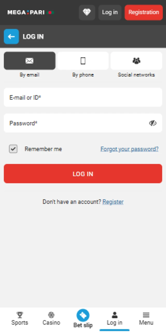 Login screen for the Megapari mobile application for users in Bangladesh.