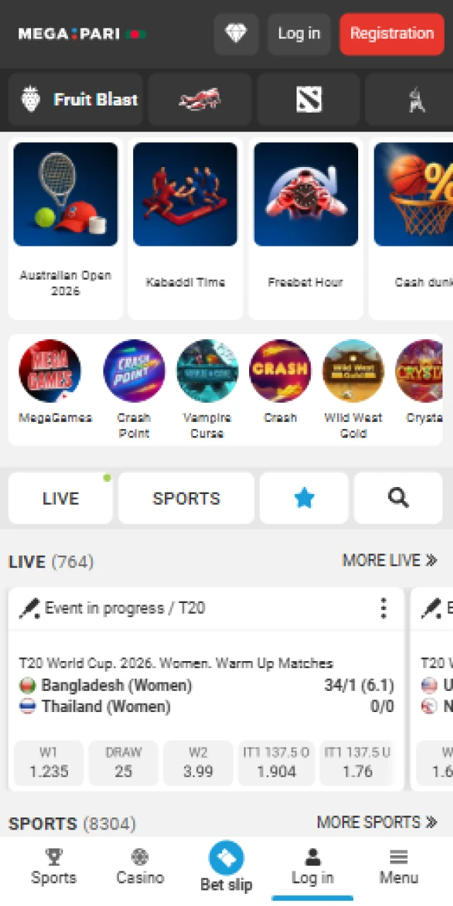 Main home screen of the Megapari Bangladesh mobile app with navigation and top events.