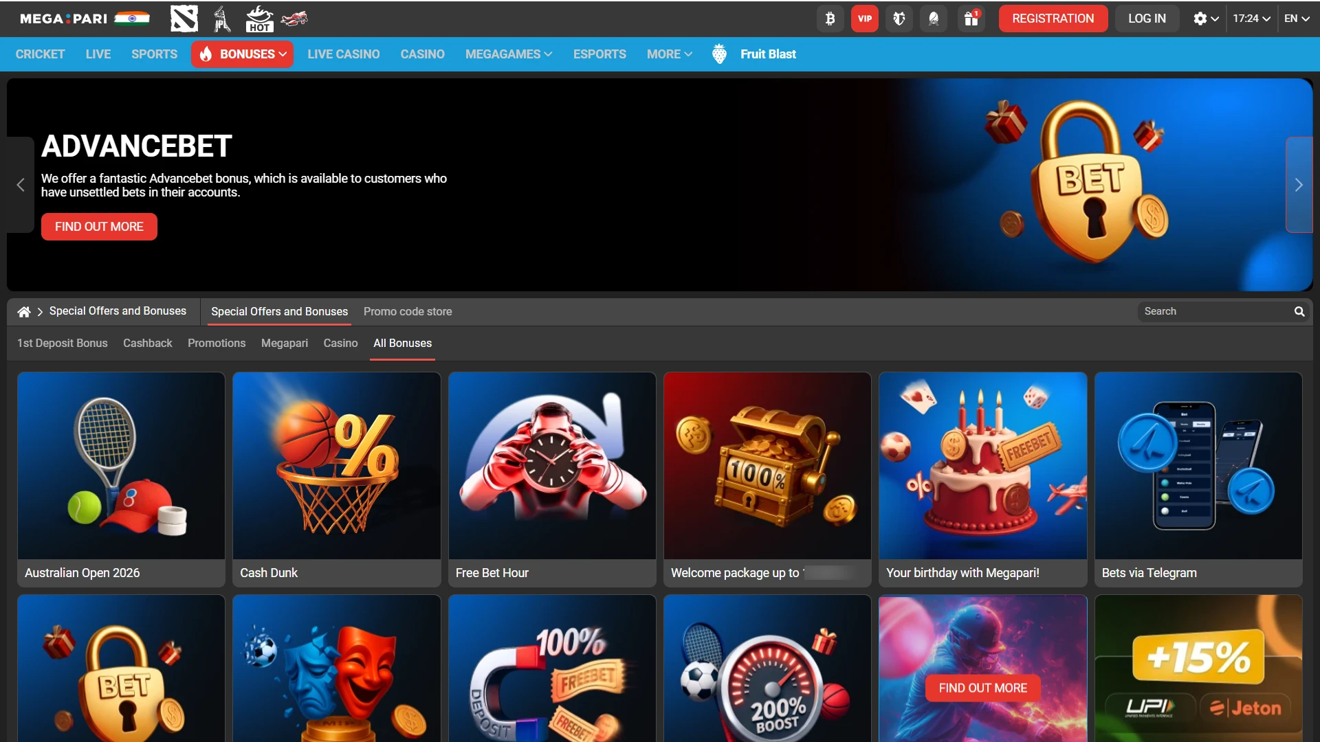 Megapari India desktop website bonus page showcasing exclusive INR welcome offers and promo deals.