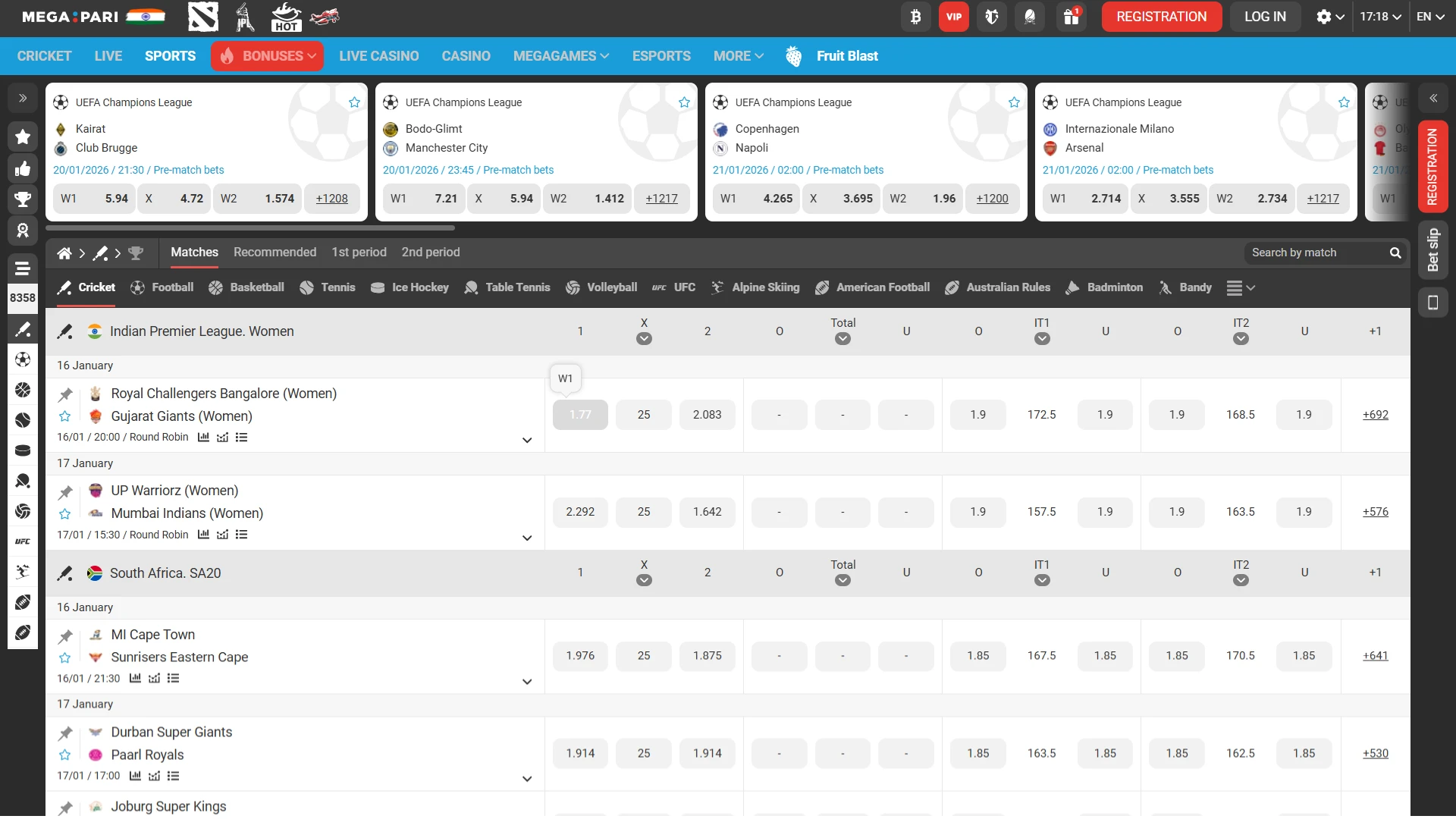 Megapari desktop sports betting section with competitive odds on Cricket (IPL), Football, and Kabaddi in India.