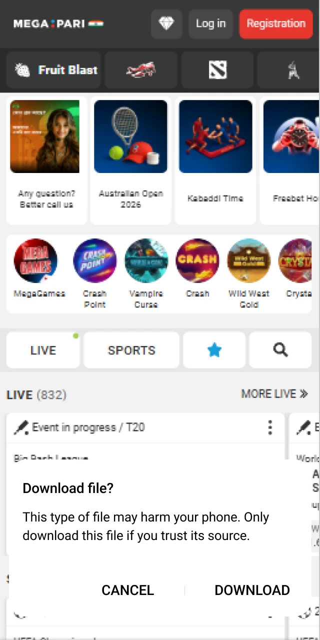 Confirming the Megapari app file download on an Android smartphone in the browser pop-up.