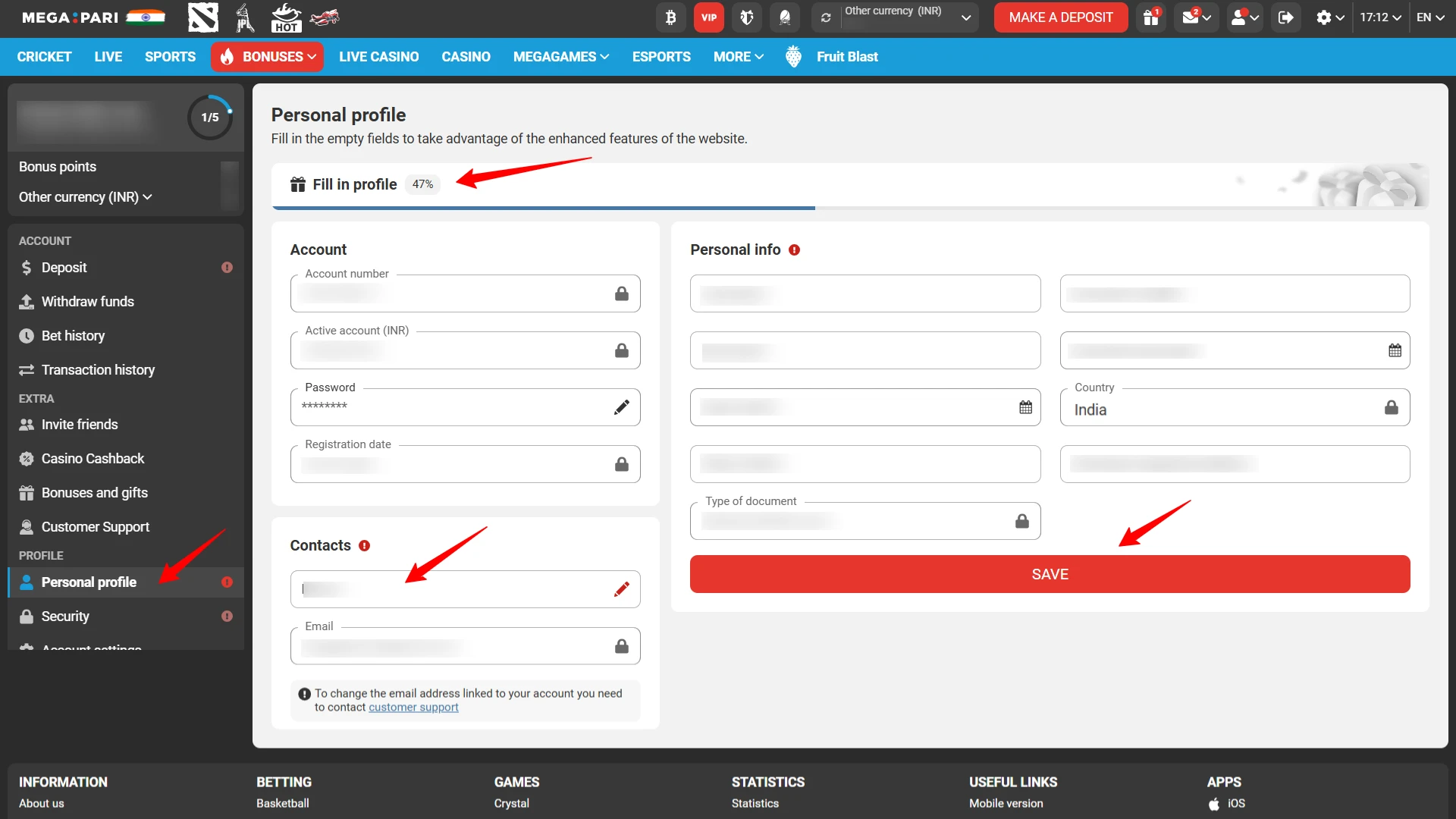 Filling in essential personal details for a secure Megapari India account according to local regulations.