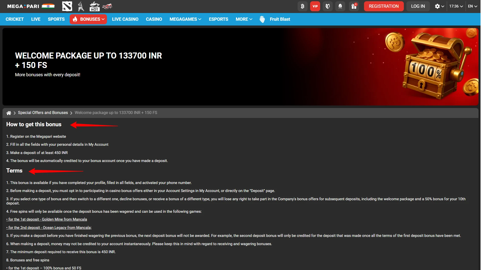 Activating the Megapari India casino welcome pack including a deposit bonus and free spins.