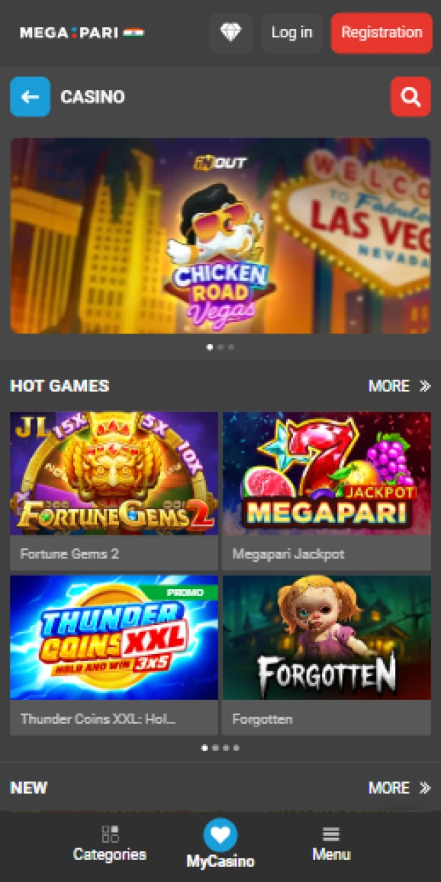 Mobile casino lobby in the Megapari India app with popular games.