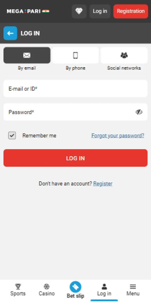 Secure login page for the Megapari India mobile application for existing users.