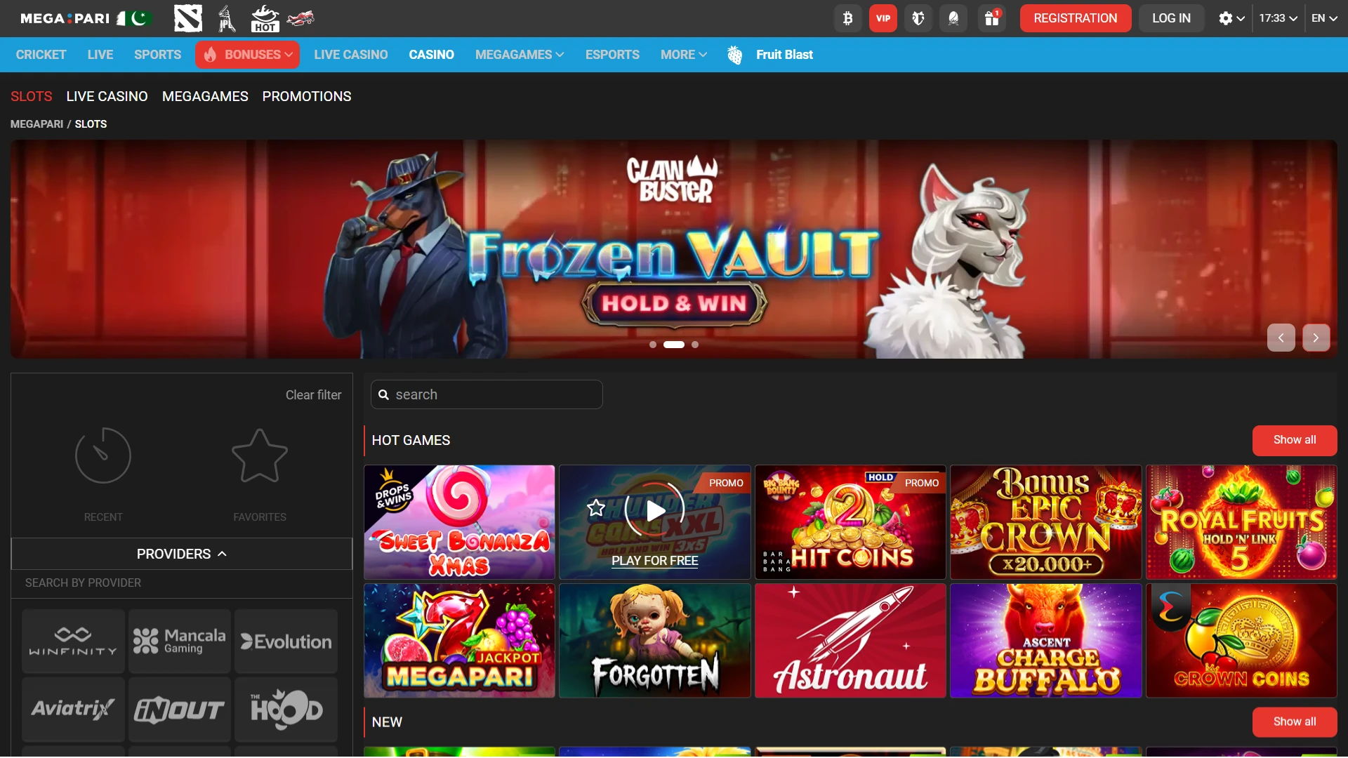 Megapari online casino desktop lobby with a vast collection of video slots available in Pakistan.