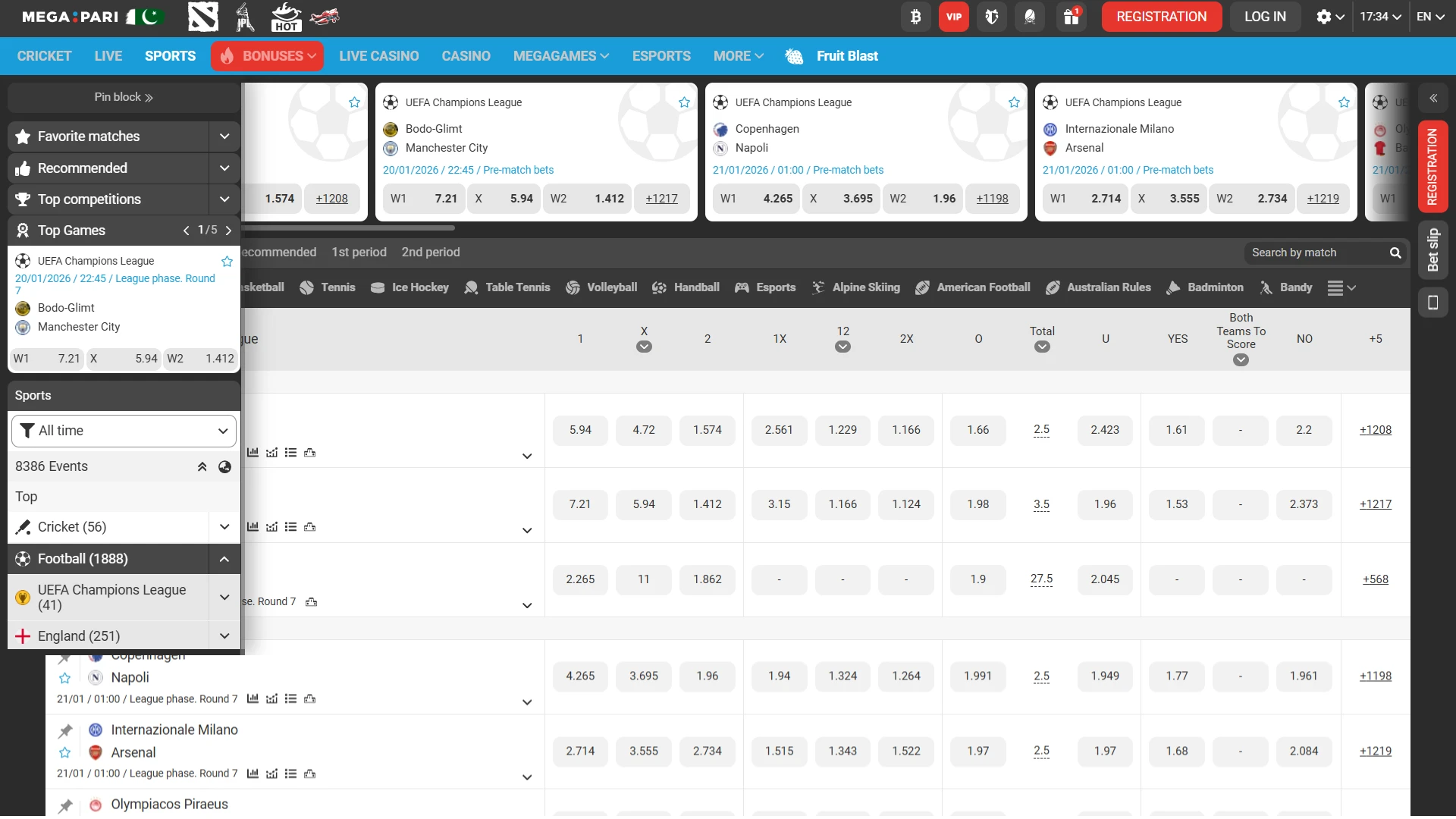 Megapari desktop sports betting dashboard with top odds on Cricket, Football, and Tennis in Pakistan.