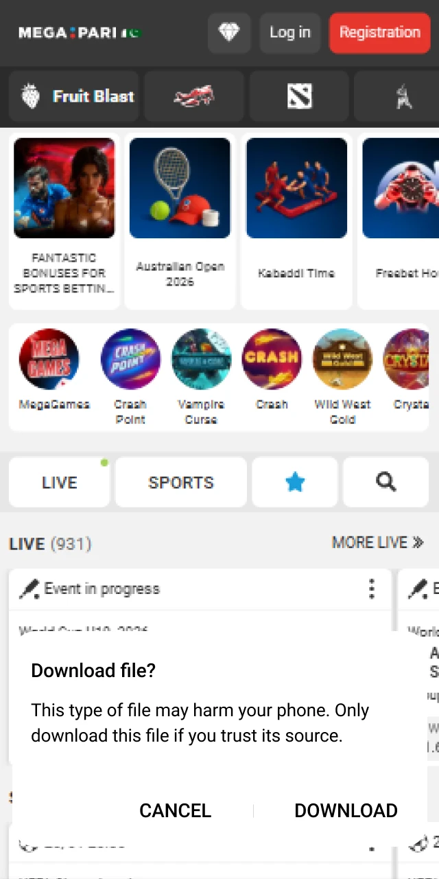 Confirming the Megapari app download in the Android browser pop-up for Pakistan users.