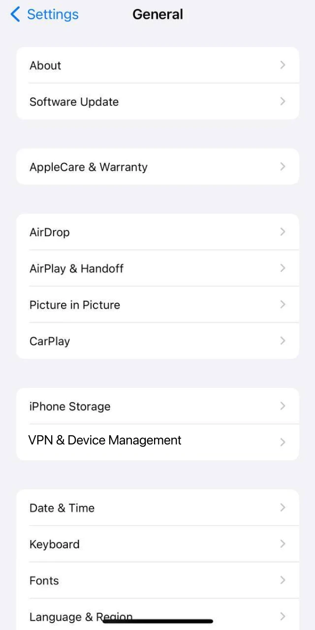 Navigating to iOS Settings menu to locate the downloaded MegaPari app profile.