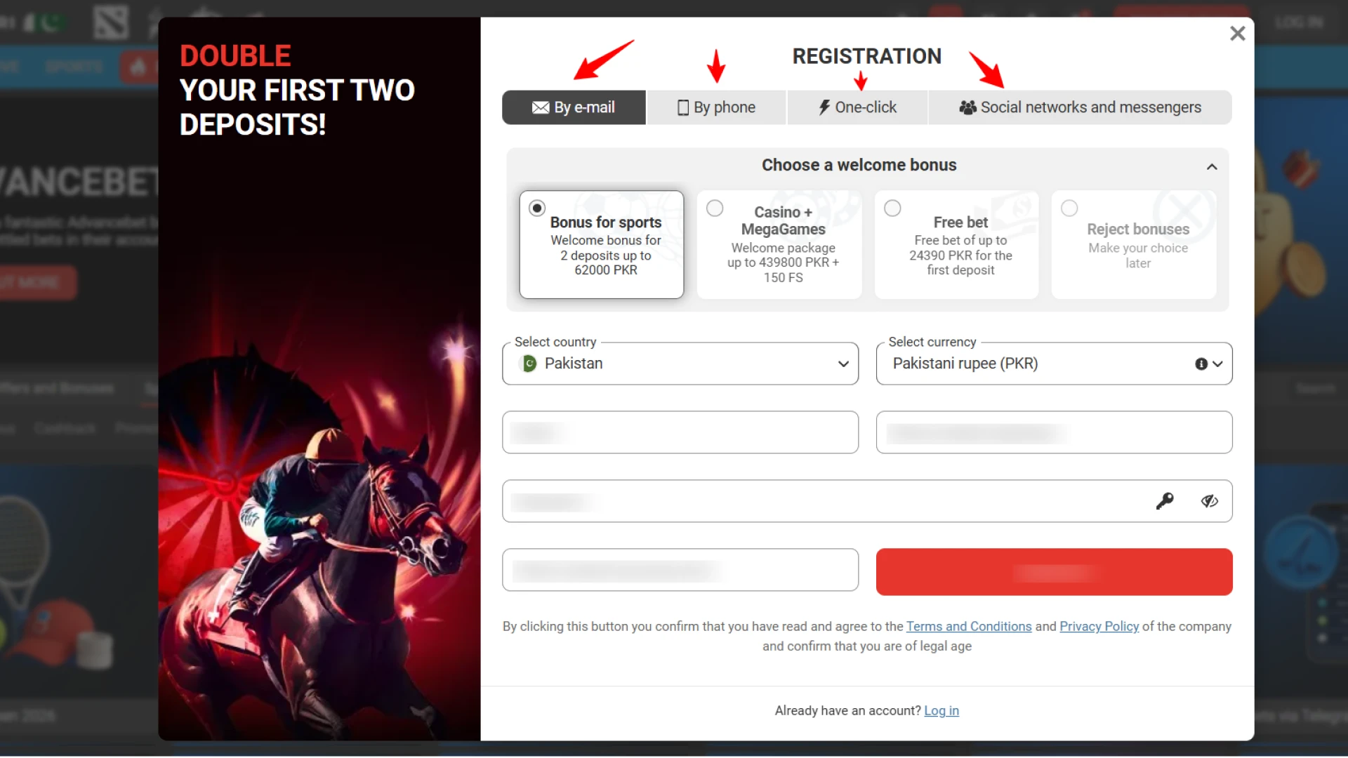 Selecting a registration option in the Megapari PK app: by phone, one-click, or full email registration.