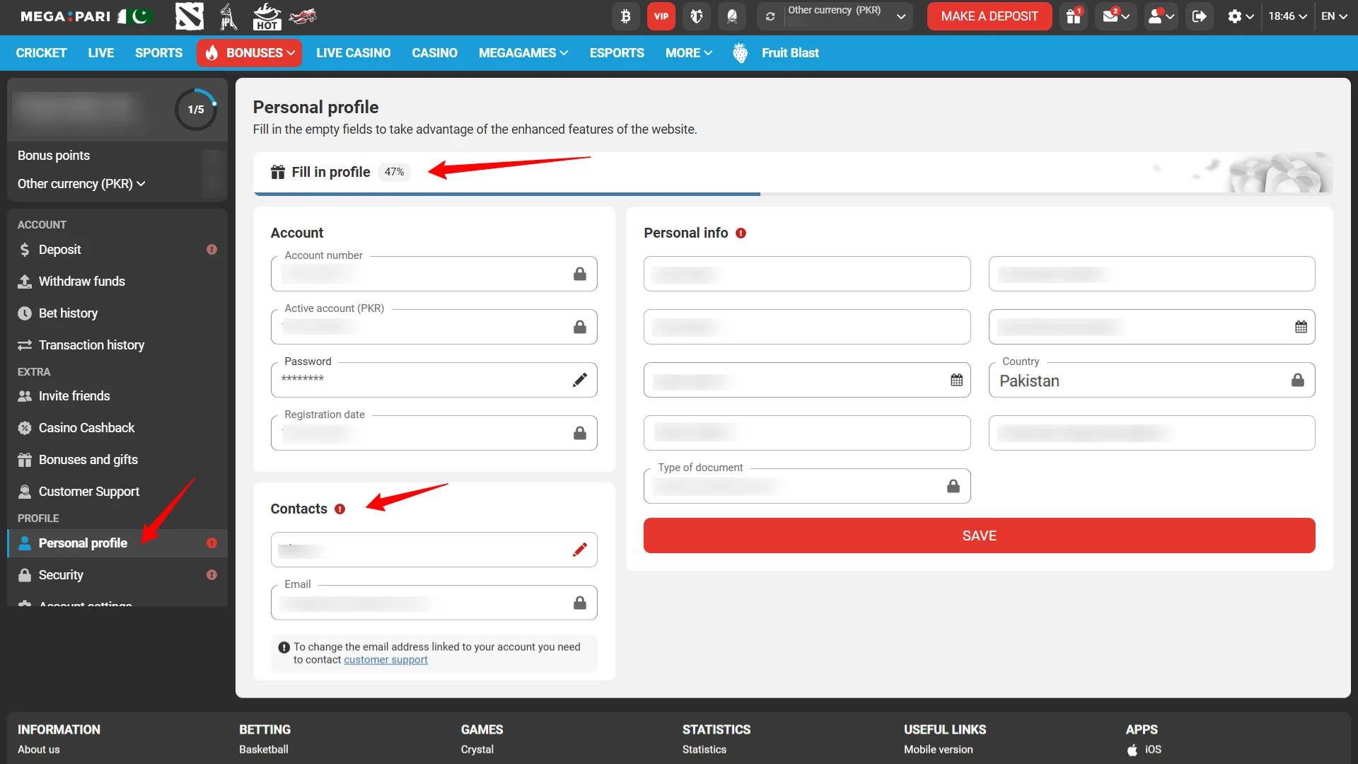 Entering the SMS verification code or email link to confirm Megapari account ownership in Pakistan.