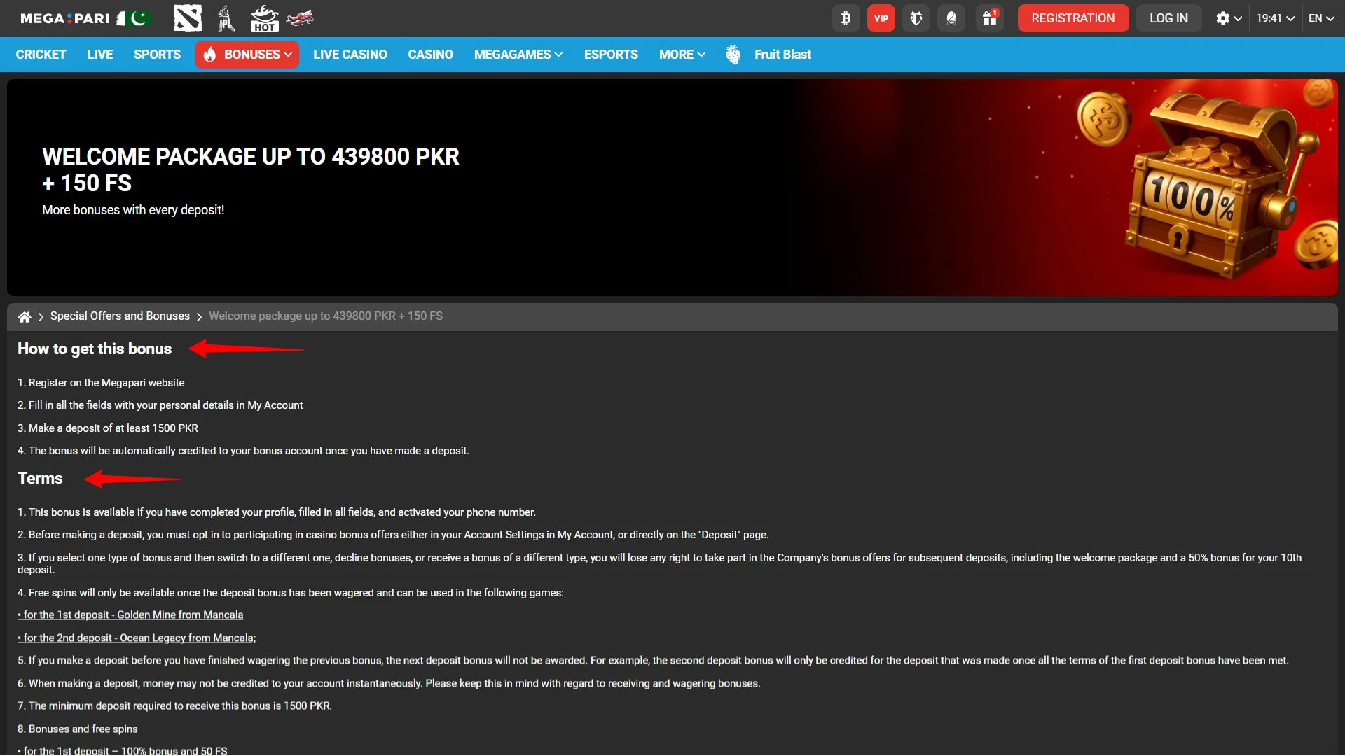 Redeeming the Megapari Pakistan casino welcome package for new players in PKR.