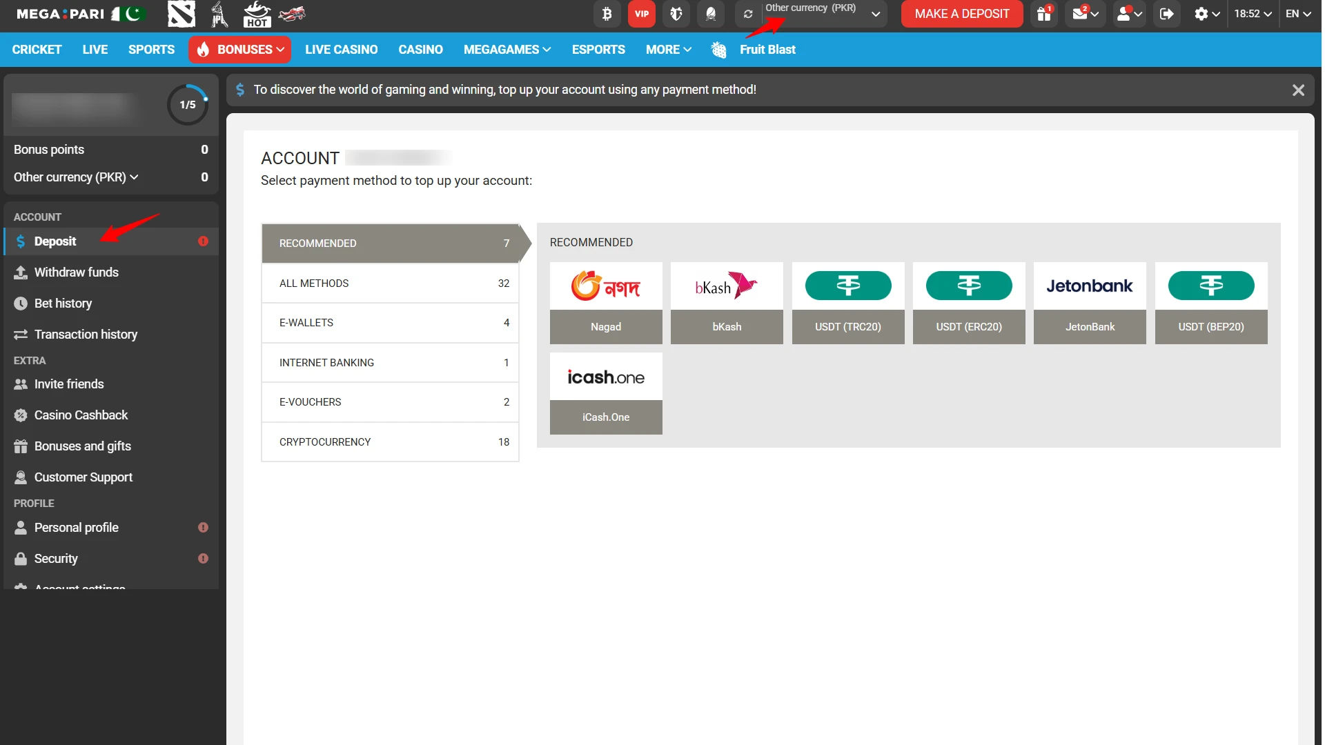 Depositing Pakistani Rupees (PKR) into Megapari using local payment methods like JazzCash and EasyPaisa.