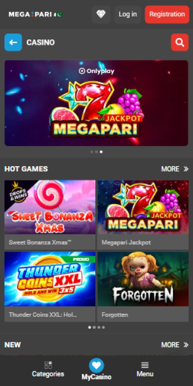 Mobile casino section in Megapari Pakistan app with a variety of slots and live dealer table games.
