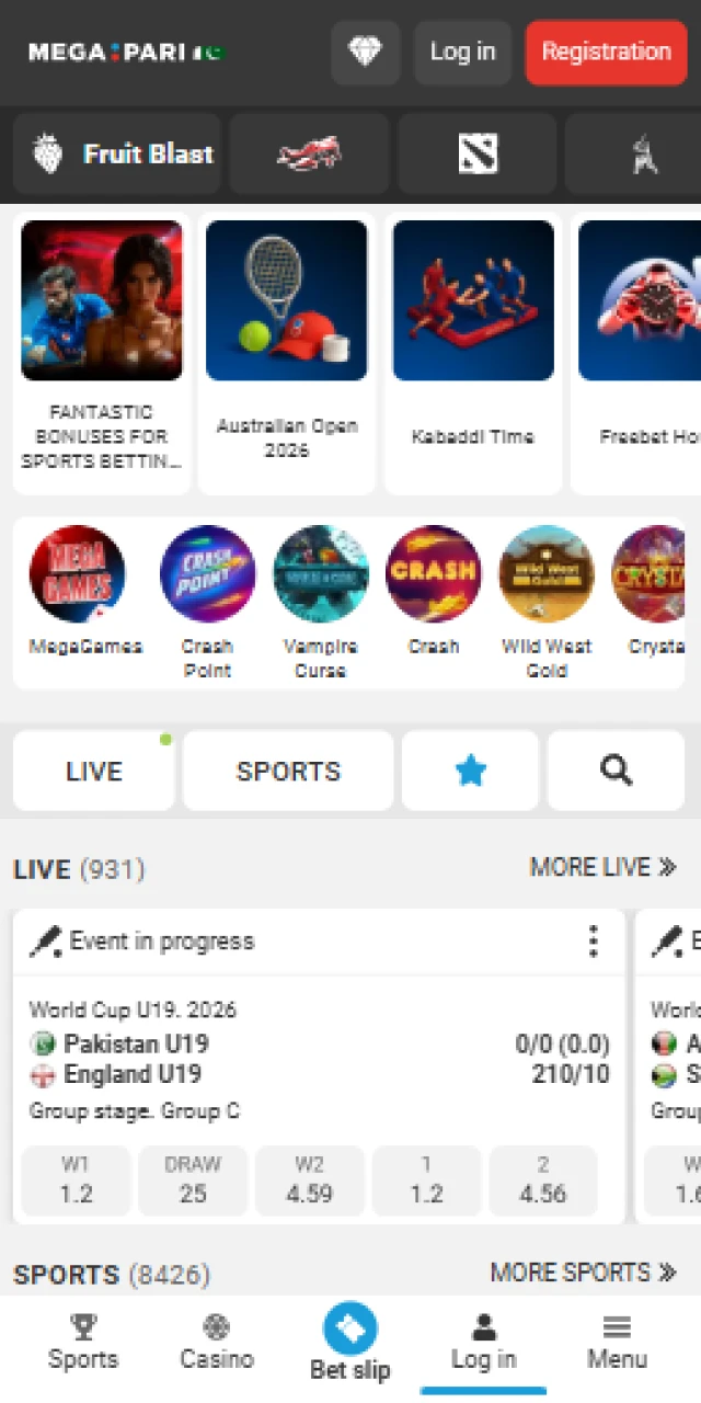 Main dashboard of the Megapari Pakistan app with easy navigation and top betting markets.