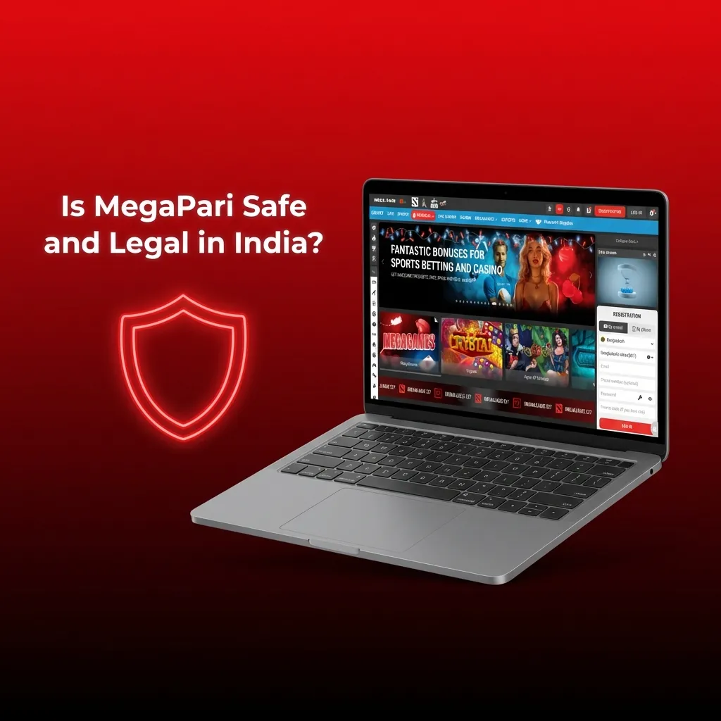 Graphic on MegaPari safety/legal in India: SSL lock, Curaçao licence badge, privacy, responsible gaming, and account controls