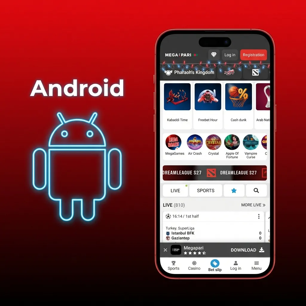 Android phone screen showing app features and APK install steps: Android 6.0+, live odds, quick bet slip, biometric login.