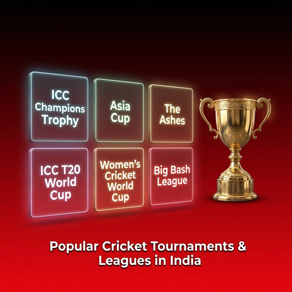 Graphic of popular cricket tournaments in India—ICC World Cup, T20 WC, IPL, Ashes, Asia Cup—and betting markets.
