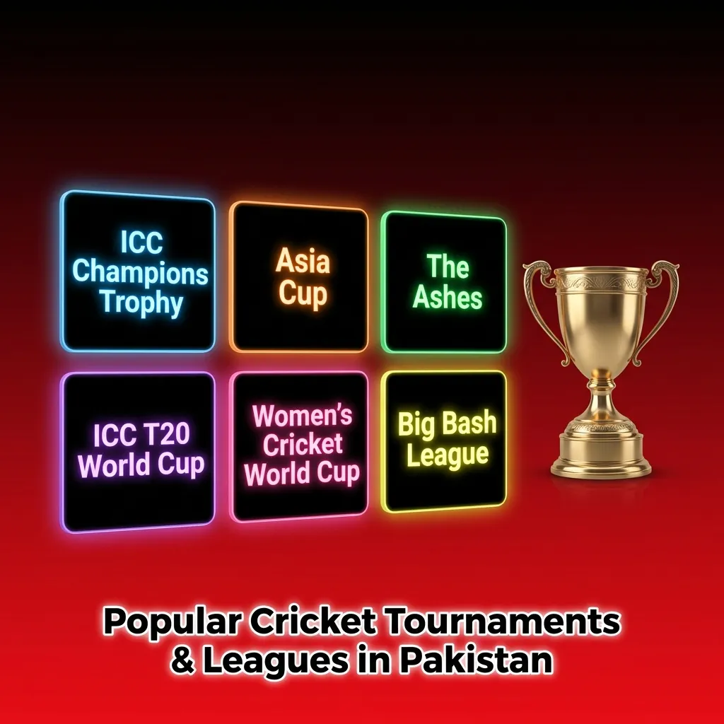 Popular cricket tournaments in Pakistan: World Cup, T20 WC, PSL, IPL, Ashes; live betting markets.