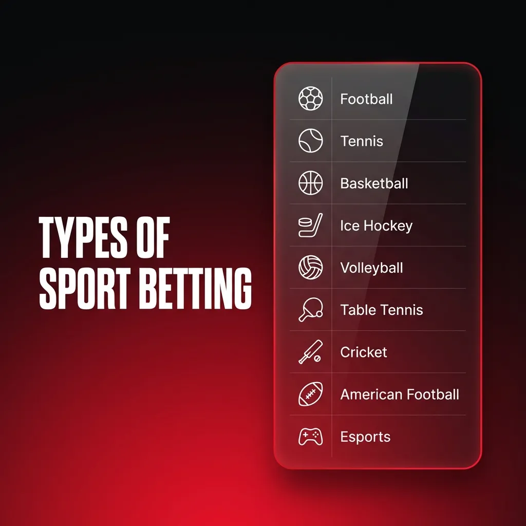 Sports betting types: Cricket, Football, Tennis, Kabaddi, Badminton with pre-match/live markets like winners, totals, props.