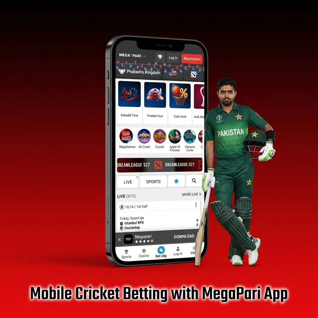 MegaPari mobile app on Android and iOS showing live cricket odds and bet slip, with PKR currency and download buttons