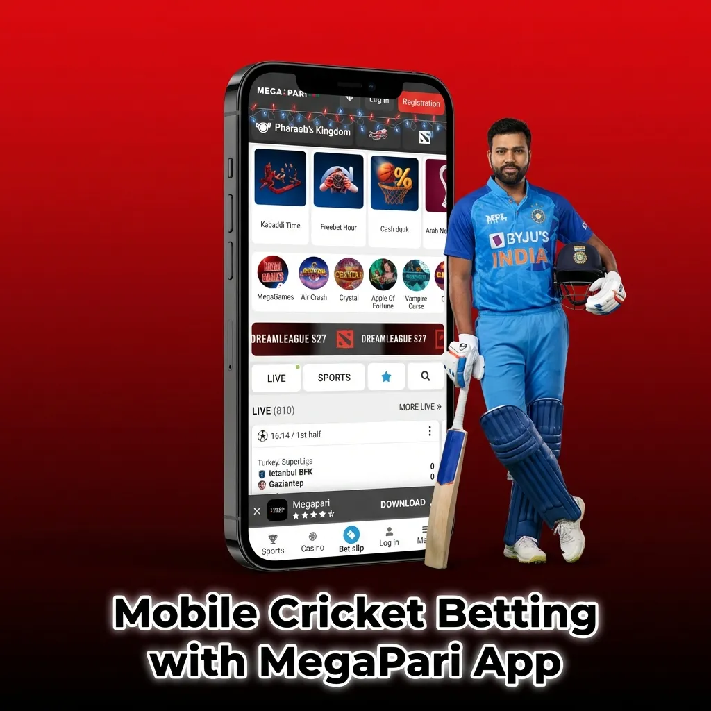 Android and iOS phones displaying the MegaPari cricket betting app with IPL odds, live stats, and INR currency options.