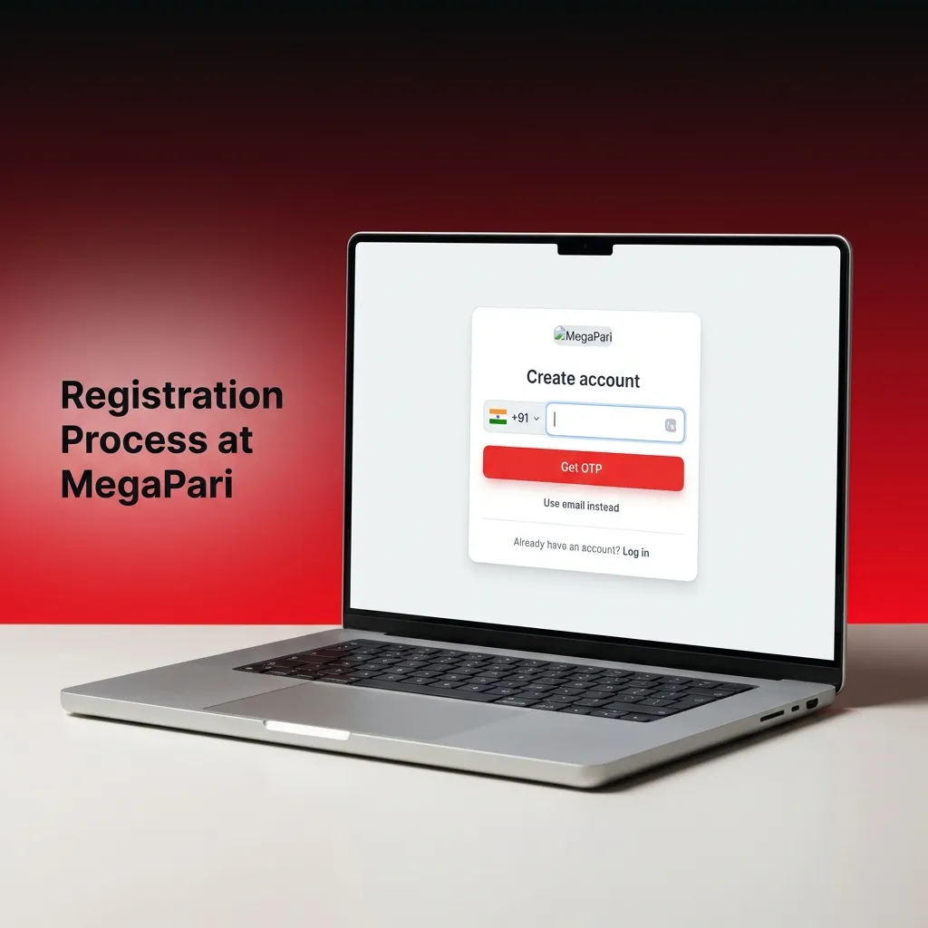 MegaPari registration steps with one‑tap/email/phone, INR, details, OTP/email verification, deposit/session limits.
