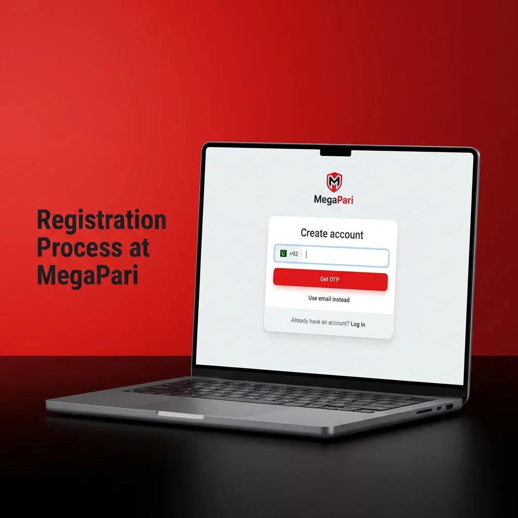 MegaPari sign-up steps: choose method, enter name/country/PKR, set limits and 2FA, verify by email or SMS.