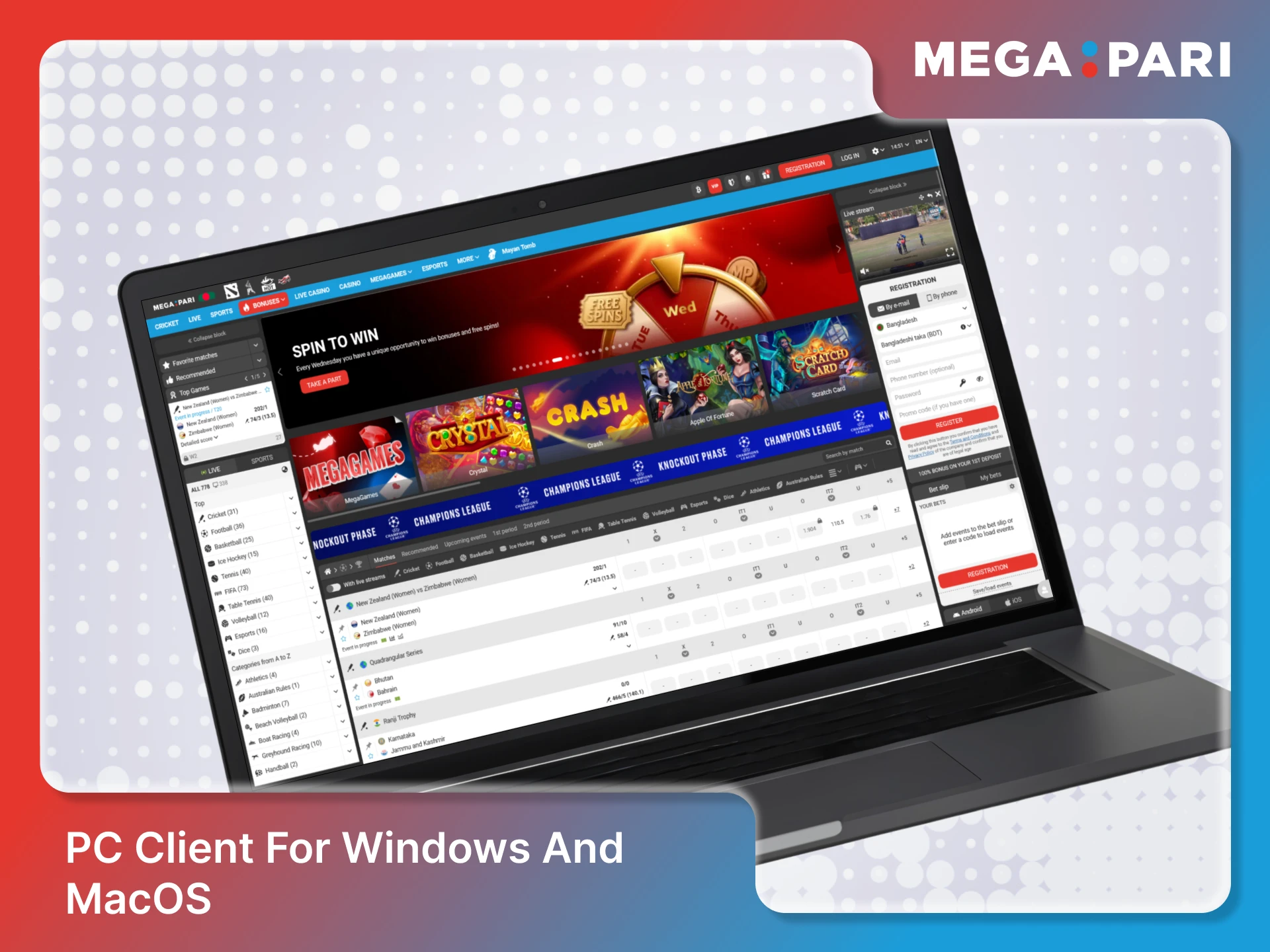 Get the Megapari PC client for Windows and macOS desktop betting.