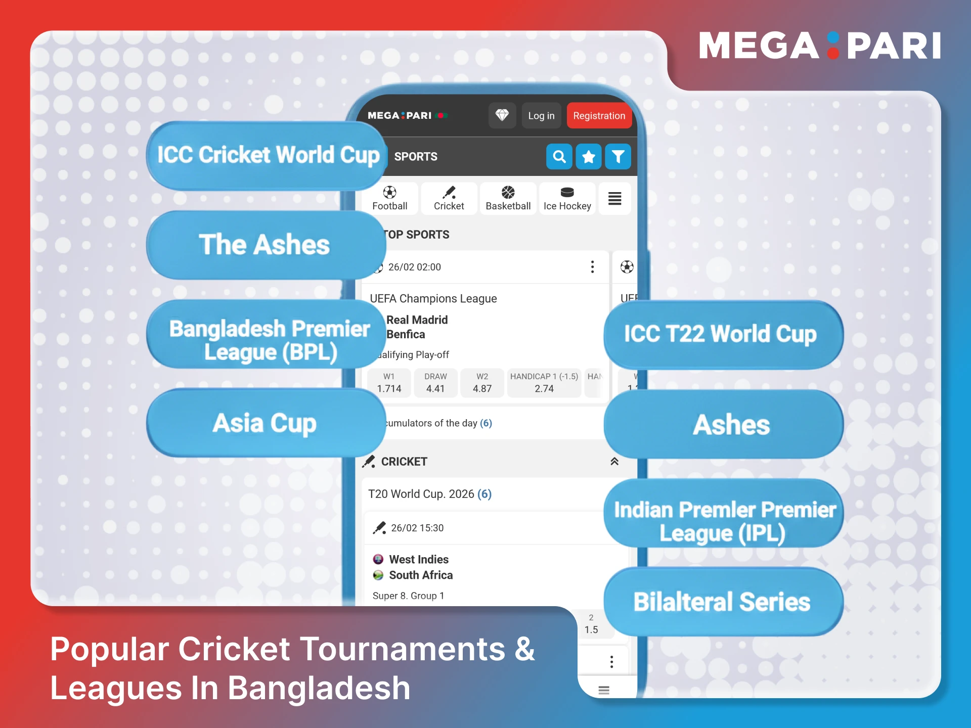 Bet on popular cricket tournaments and leagues via Megapari in Bangladesh.