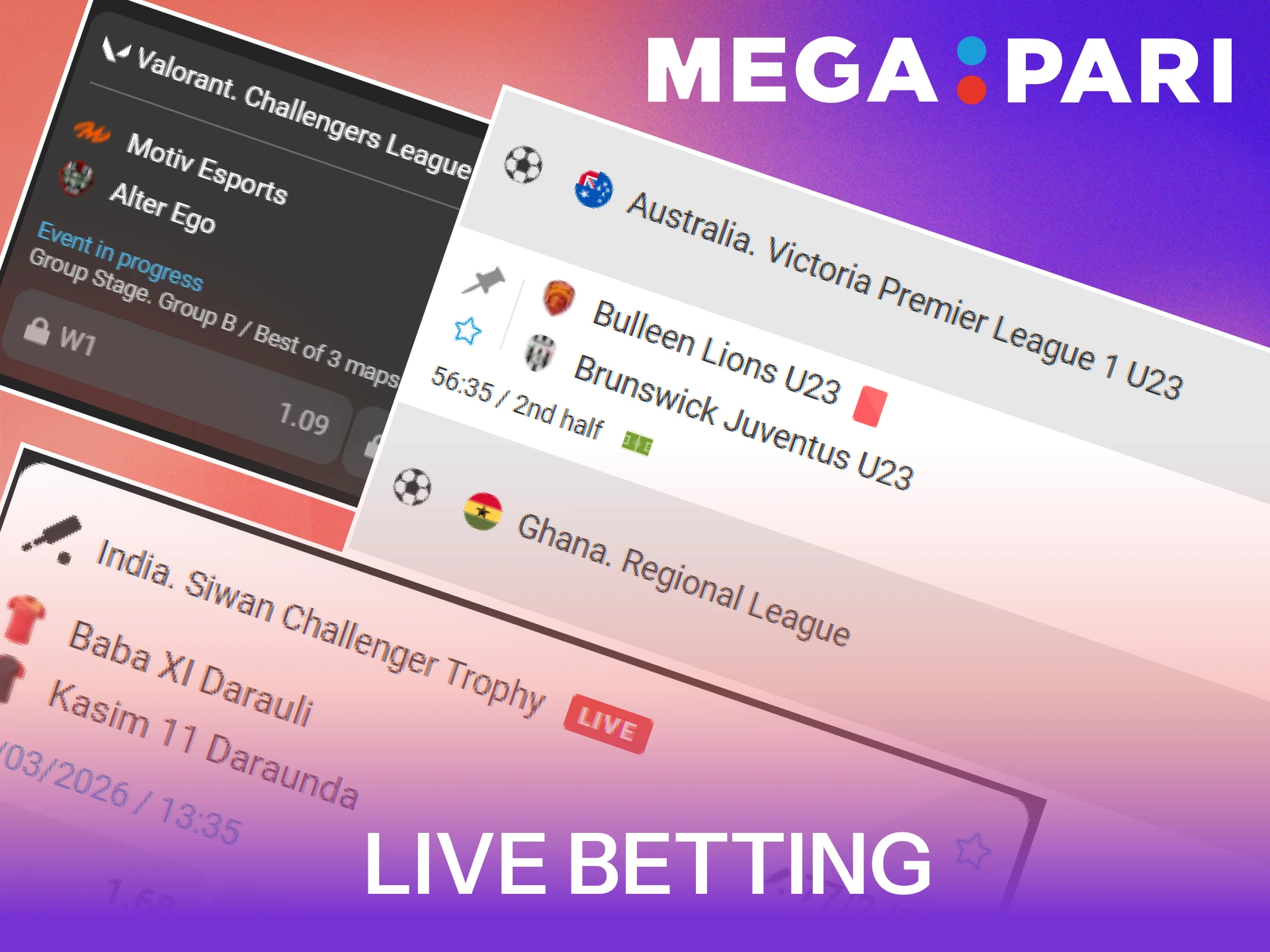 Place live betting stakes on ongoing matches at MegaPari.