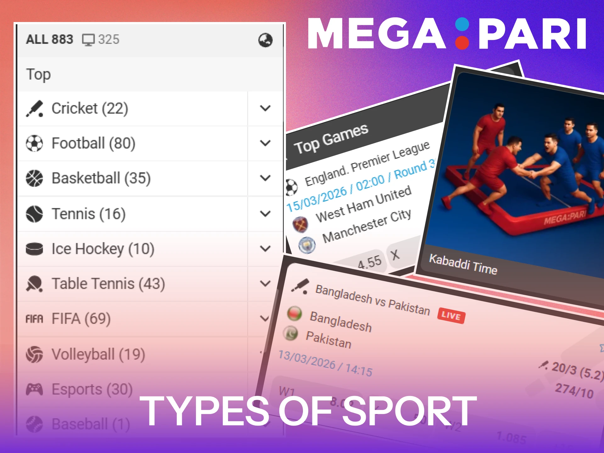 Explore various types of sport betting on the MegaPari platform.