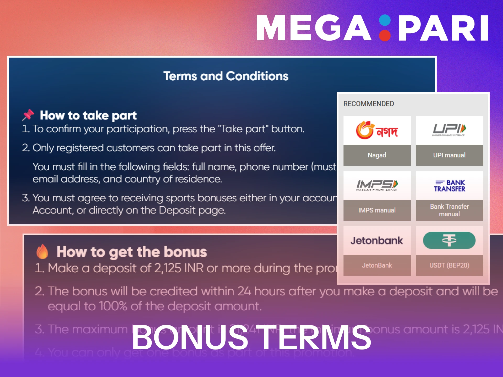 Check specific bonus terms inside the MegaPari App interface.
